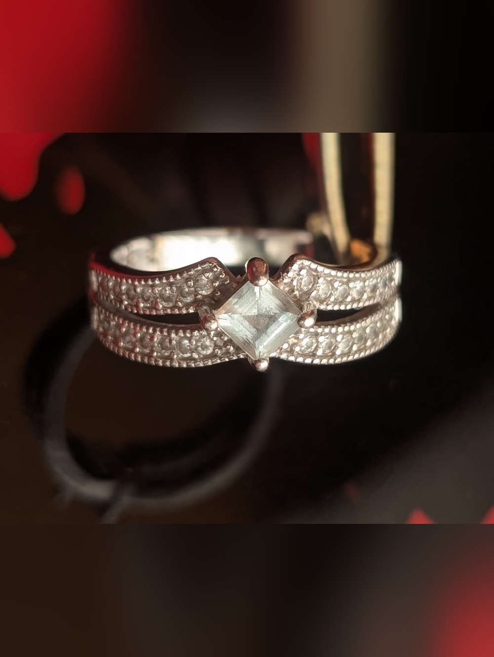 Silver Cubic Zircoia Split-Shank Ring In Aquamarine Stone